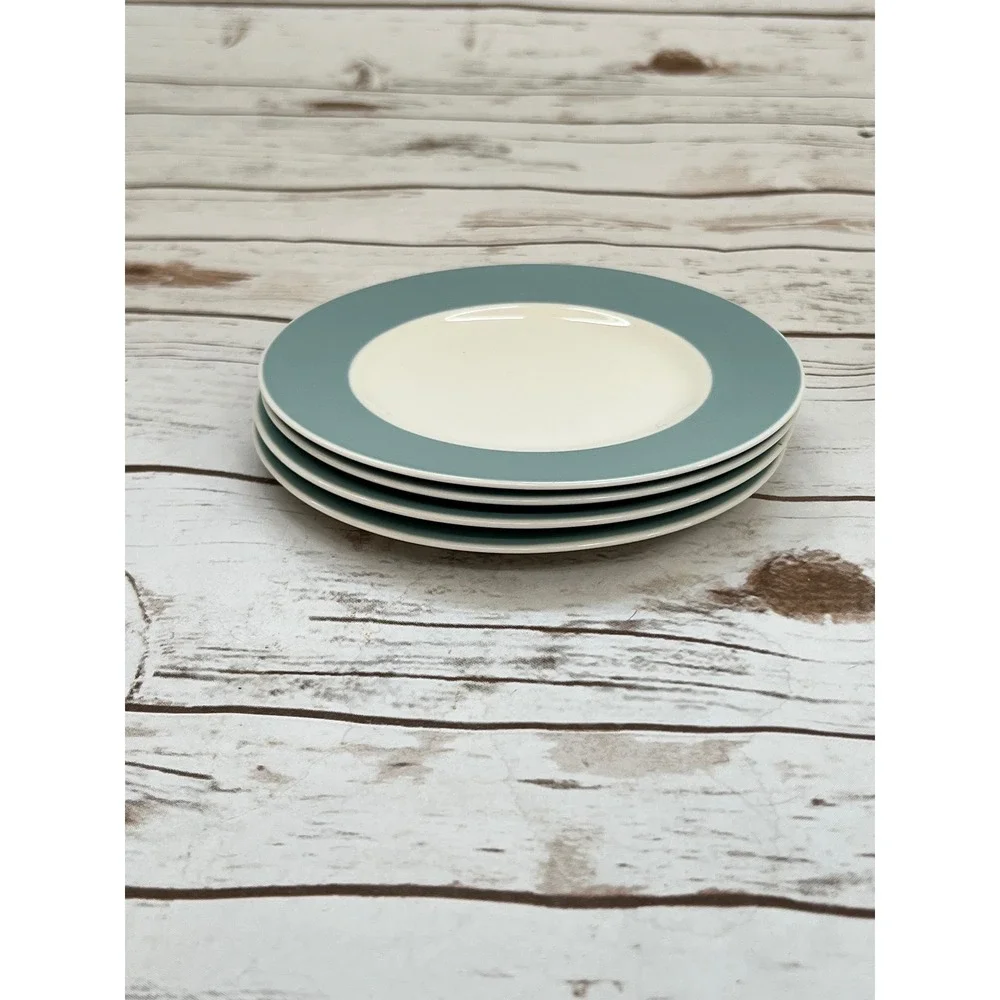 VTG MCM Salad Plates Teal Cream Rimmed Ceramic Contemporary 7.5 Inch Set of 4